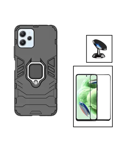 Kit Vidro Premium Full Cover + Capa Military  + Suporte Magnético para Xiaomi Redmi Note 12R - Preto