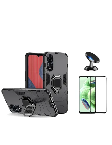 Kit Vidro Premium Full Cover + Capa Military  + Suporte Magnético para Oppo A58 4G - Preto