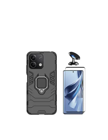 Kit Vidro Premium Full Cover + Capa Military  + Suporte Magnético para Xiaomi Redmi Note 13 - Preto