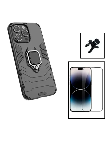 Kit Vidro Premium Full Cover + Capa Military  + Suporte Magnético Reforçado para Apple iPhone 15 - Preto