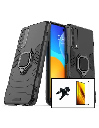 Kit Vidro Premium Full Cover + Capa Military  + Suporte Magnético Reforçado para Huawei P Smart 2021