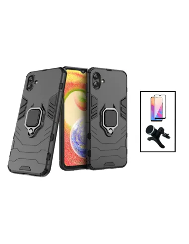 Kit Vidro Premium Full Cover + Capa Military  + Suporte Magnético Reforçado para Samsung Galaxy A04 - Preto