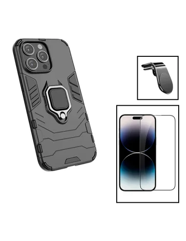 Kit Vidro Premium Full Cover + Capa Military  + Suporte Magnético L para Apple iPhone 15 Plus - Preto