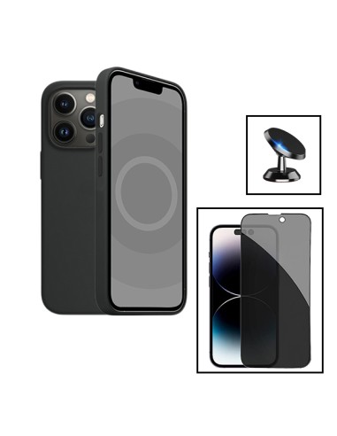 Kit Película de Vidro 5D Anti-Spy + Capa Silicone Líquido + Suporte Magnético de Carro para Apple iPhone 15 - Preto