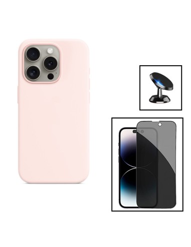 Kit Película de Vidro 5D Anti-Spy + Capa Silicone Líquido + Suporte Magnético de Carro para Apple iPhone 15 - Rosa