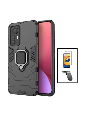 Kit Vidro Premium Full Cover + Capa Military  + Suporte Magnético L para Xiaomi 12 Lite - Preto