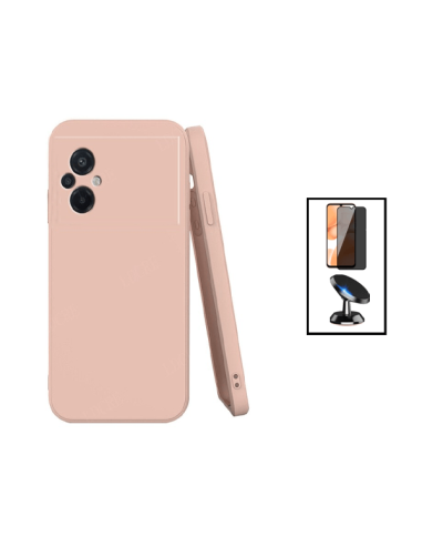 Kit Película de Vidro 5D Anti-Spy + Capa Silicone Líquido + Suporte Magnético de Carro para Xiaomi Poco M5 - Rosa