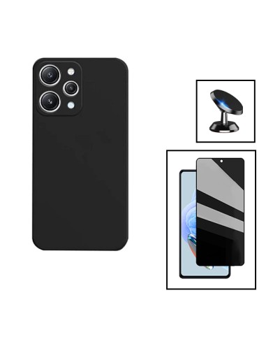 Kit Película de Vidro 5D Anti-Spy + Capa Silicone Líquido + Suporte Magnético de Carro para Xiaomi Redmi 12 - Preto