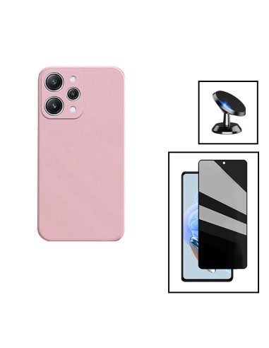 Kit Película de Vidro 5D Anti-Spy + Capa Silicone Líquido + Suporte Magnético de Carro para Xiaomi Redmi 12 5G - Rosa