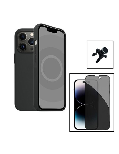 Kit Película de Vidro 5D Anti-Spy + Capa Silicone Líquido + Suporte Magnético de Carro Reforçado para Apple iPhone 15 - Preto