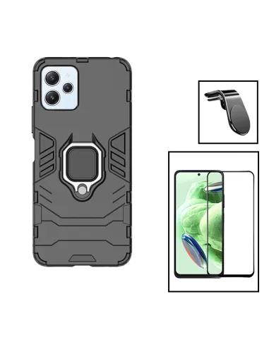 Kit Vidro Premium Full Cover + Capa Military  + Suporte Magnético L para Xiaomi Redmi 12 5G - Preto