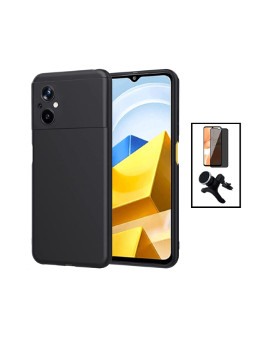 Kit Película de Vidro 5D Anti-Spy + Capa Silicone Líquido + Suporte Magnético de Carro Reforçado para Xiaomi Poco M5 - Preto