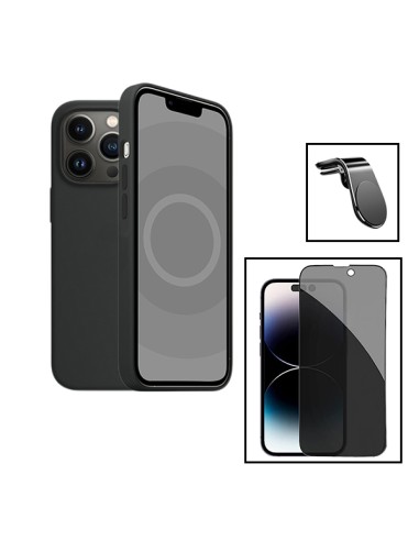 Kit Película de Vidro 5D Anti-Spy + Capa Silicone Líquido + Suporte Magnético L Safe Driving Carro para Apple iPhone 15 - Preto