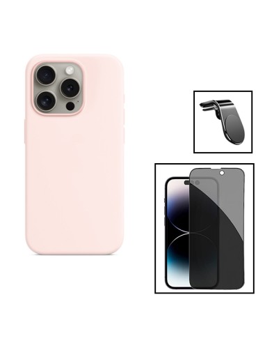 Kit Película de Vidro 5D Anti-Spy + Capa Silicone Líquido + Suporte Magnético L Safe Driving Carro para Apple iPhone 15 - Rosa