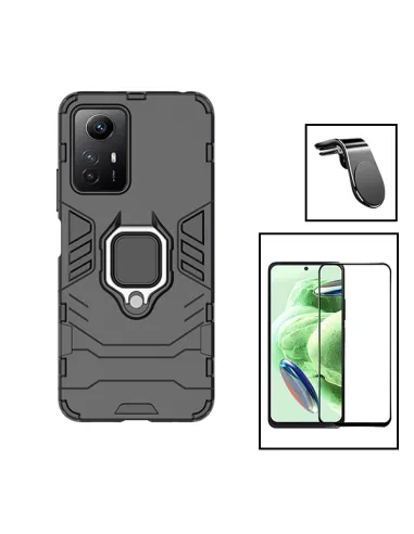 Kit Vidro Premium Full Cover + Capa Military  + Suporte Magnético L para Xiaomi Redmi Note 12S - Preto