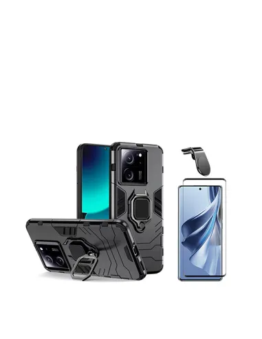 Kit Vidro Premium Full Cover + Capa Military  + Suporte Magnético L  para Xiaomi 13T - Preto