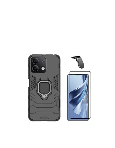 Kit Vidro Premium Full Cover + Capa Military  + Suporte Magnético L  para Xiaomi Redmi Note 13 - Preto