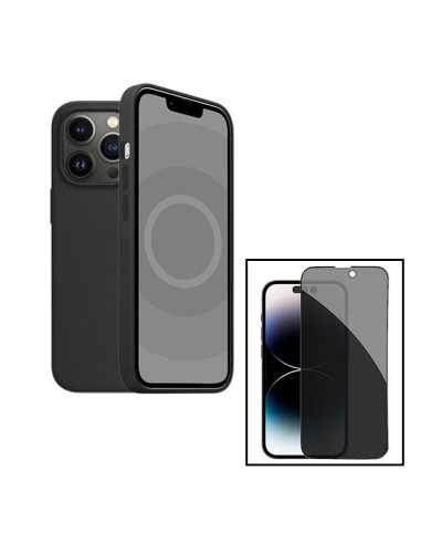 Kit Película de Vidro 5D Anti-Spy + Capa Silicone Líquido para Apple iPhone 15 Pro Max - Preto