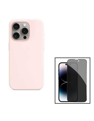 Kit Película de Vidro 5D Anti-Spy + Capa Silicone Líquido para Apple iPhone 15 Pro Max - Rosa