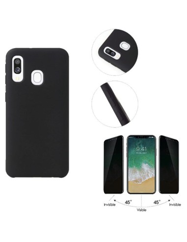 Kit Película de Vidro anti-spy + Capa Silicone Líquido para Samsung Galaxy A40 - Preto