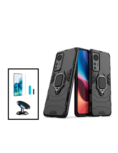 Kit Película de Vidro Nano Curved UV + Capa 3X1 Military Defender + Suporte Magnético de Carro para Xiaomi 12 - Preto