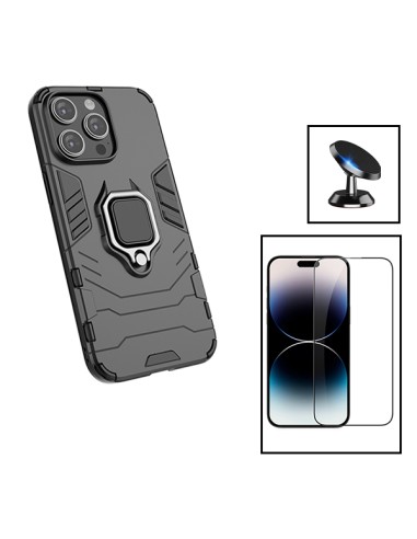 Kit Película de Vidro Temperado 5D Full Cover + Capa 3X1 Military Defender + Suporte Magnético de Carro para Apple iPhone 15 - P