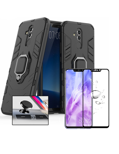 Kit Película de Vidro Temperado 5D Full Cover + Capa 3X1 Military Defender + Suporte Magnético de Carro para Huawei Mate 20 Lite