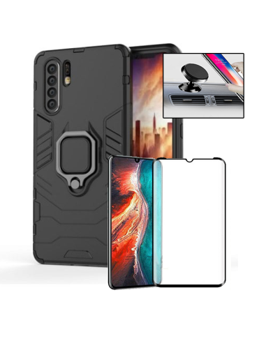 Kit Película de Vidro Temperado 5D Full Cover + Capa 3X1 Military Defender + Suporte Magnético de Carro para Huawei P30 Pro New 