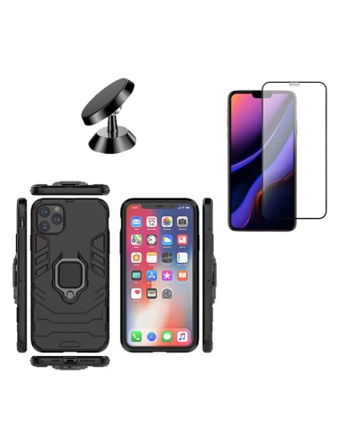 Kit Película de Vidro Temperado 5D Full Cover + Capa 3X1 Military Defender + Suporte Magnético de Carro para iPhone 11 Pro