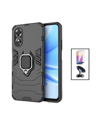 Kit Película de Vidro Temperado 5D Full Cover + Capa 3X1 Military Defender + Suporte Magnético de Carro para Oppo A17 - Preto