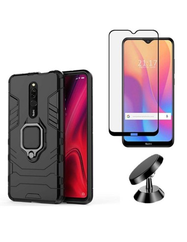 Kit Película de Vidro Temperado 5D Full Cover + Capa 3X1 Military Defender + Suporte Magnético de Carro para Xiaomi Redmi 8