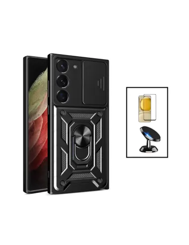 Kit Vidro Premium Full Cover + Capa Magnetic Slide Window + Suporte Magnético para Samsung Galaxy S23 - Preto