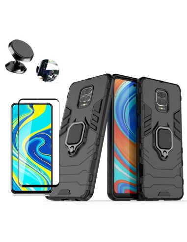 Kit Película de Vidro Temperado 5D Full Cover + Capa 3X1 Military Defender + Suporte Magnético de Carro para Xiaomi Redmi Note 9