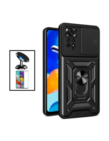 Kit Vidro Premium Full Cover + Capa Magnetic Slide Window + Suporte Magnético para Xiaomi Redmi Note 11 Pro - Preto