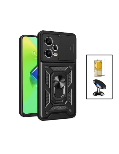 Kit Vidro Premium Full Cover + Capa Magnetic Slide Window + Suporte Magnético para Xiaomi Redmi Note 12 - Preto