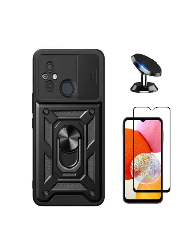 Kit Vidro Premium Full Cover + Capa Magnetic Slide Window + Suporte Magnético para Xiaomi Redmi 12C - Preto