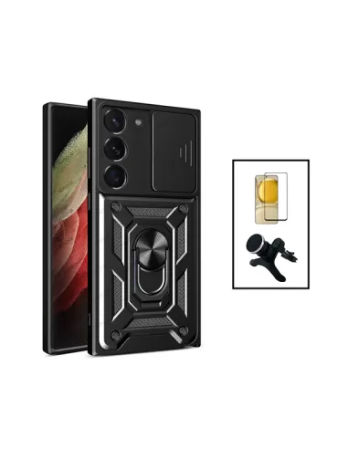 Kit Vidro Premium Full Cover + Capa Magnetic Slide Window + Suporte Magnético Reforçado para Samsung Galaxy S23 - Preto