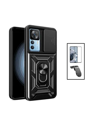 Kit Vidro Premium Full Cover + Capa Magnetic Slide Window + Suporte Magnético L para Xiaomi 12T - Preto