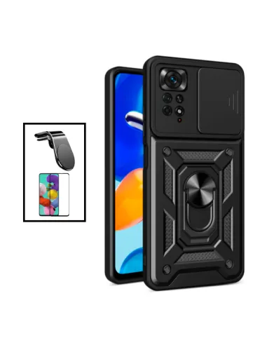 Kit Vidro Premium Full Cover + Capa Magnetic Slide Window + Suporte Magnético L para Xiaomi Redmi Note 11 Pro - Preto