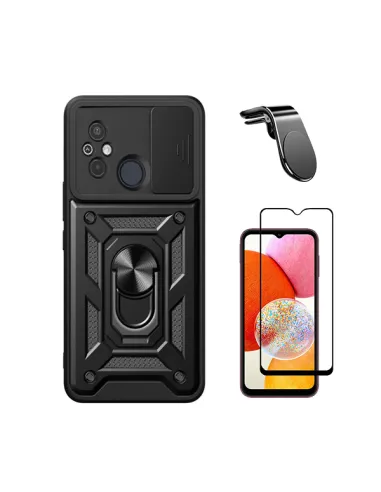 Kit Vidro Premium Full Cover + Capa Magnetic Slide Window + Suporte Magnético L  para Xiaomi Redmi 12C - Preto