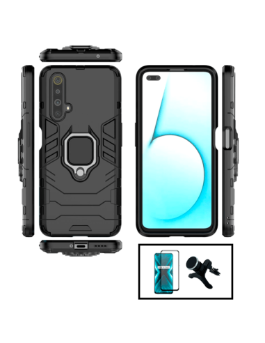 Kit Película de Vidro Temperado 5D Full Cover + Capa 3X1 Military Defender + Suporte Magnético de Carro Reforçado para Realme X3