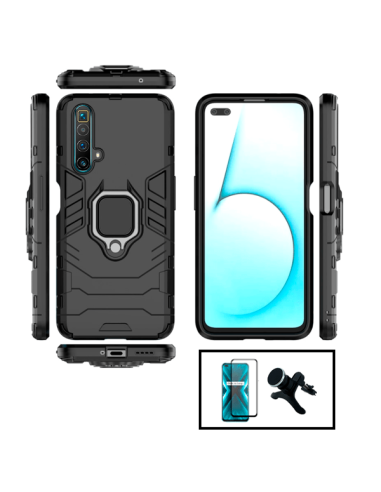 Kit Película de Vidro Temperado 5D Full Cover + Capa 3X1 Military Defender + Suporte Magnético de Carro Reforçado para Realme X3