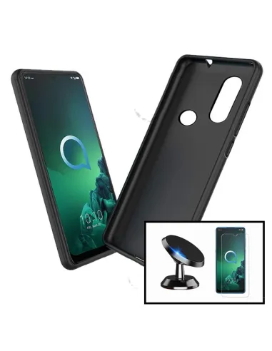 Kit Vidro Premium Full Cover + Capa Silicone Líquido + Suporte Magnético para Alcatel 1s (2019)