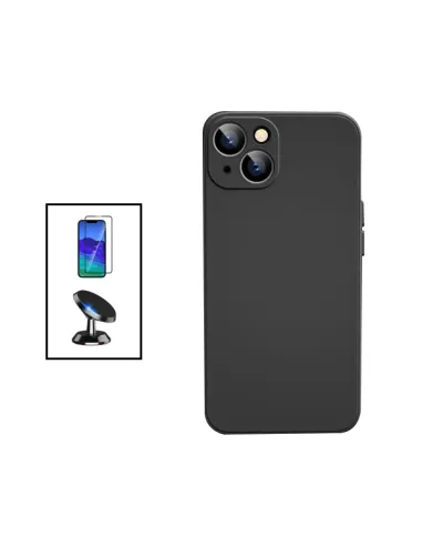 Kit Vidro Premium Full Cover + Capa Silicone Líquido + Suporte Magnético para Apple iPhone 14 - Preto