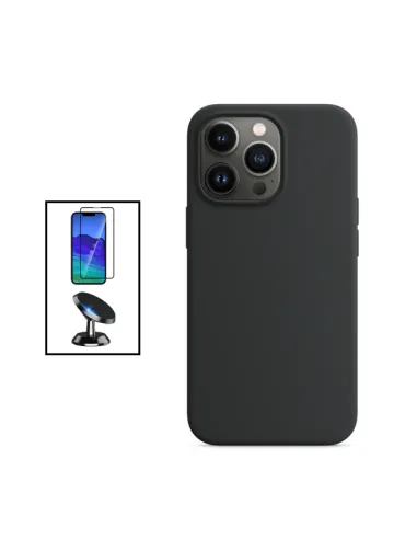 Kit Vidro Premium Full Cover + Capa Silicone Líquido + Suporte Magnético para Apple iPhone 14 Pro - Preto