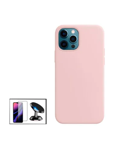 Kit Vidro Premium Full Cover + Capa Silicone Líquido + Suporte Magnético para Apple iPhone 14 Pro Max - Rosa