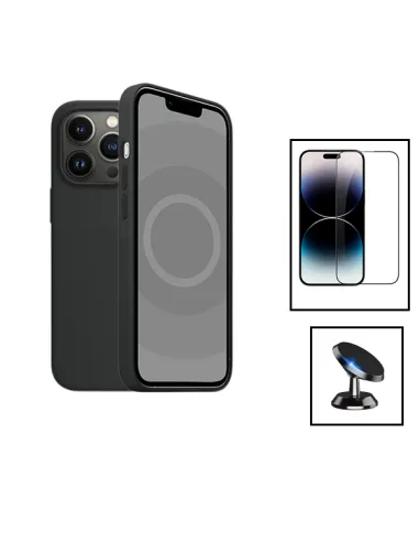 Kit Vidro Premium Full Cover + Capa Silicone Líquido + Suporte Magnético para Apple iPhone 15 - Preto