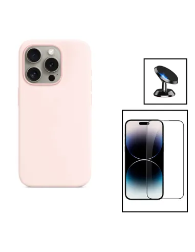 Kit Vidro Premium Full Cover + Capa Silicone Líquido + Suporte Magnético para Apple iPhone 15 Plus - Rosa