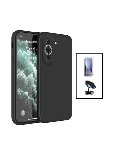 Kit Vidro Premium Full Cover + Capa Silicone Líquido + Suporte Magnético para Huawei Nova 10 Pro - Preto