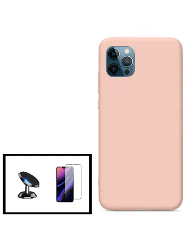 Kit Vidro Premium Full Cover + Capa Silicone Líquido + Suporte Magnético para iPhone 11 Pro Max - Rosa